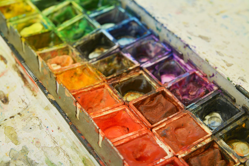 detail of a watercolor paint palette